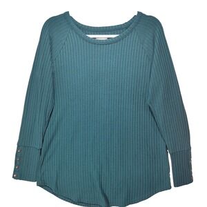Chaser Waffle Knit Thermal Shirt Womens L Top Button Large Cuffs Emerald Green